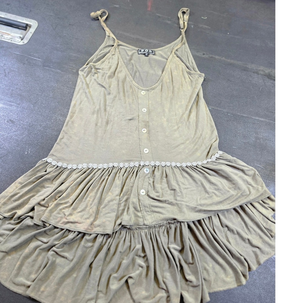 POL Olive Green Acid Wash Tiered Mini Dress Boho Lace Trim YE05 Small